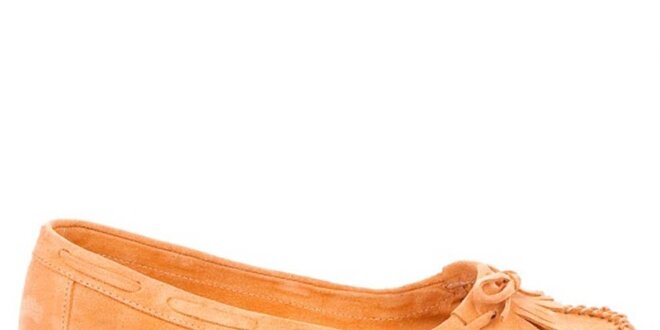 Dámske oranžové semišové loafers so strapcami a mašľou Bueno