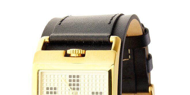 Dámske zlaté náramkové hodinky Axcent s čiernym koženým remienkom