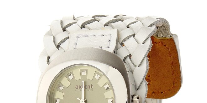 Dámske náramkové hodinky Axcent s bielym prepletaným koženým remienkom