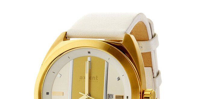 Dámske zlaté náramkové hodinky Axcent s bielym koženým remienkom