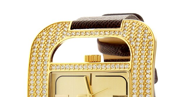 Dámske módne zlaté oceľové hodinky Axcent s čiernym koženým remienkom