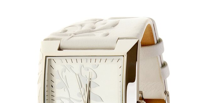 Dámske oceľové hodinky Axcent s bielym koženým remienkom a ornamentem