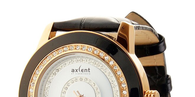 Dámske čierno-zlaté náramkové hodinky Axent s koženým remienkom a kamienkami