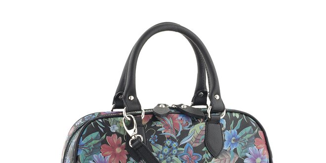Dámska tmavá kožená kvetinová kabelka s čiernymi detail Classe Regina