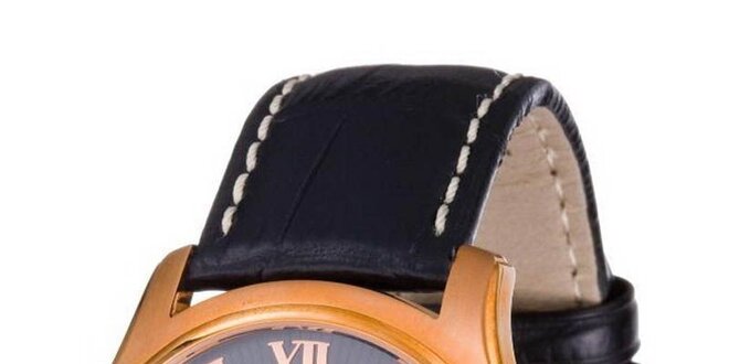 Pánske zlato-čierne oceľové hodinky Festina s čiernym koženým remienkom