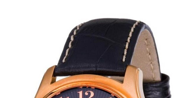 Pánske zlato-čierne oceľové hodinky Festina s čiernym koženým remienkom