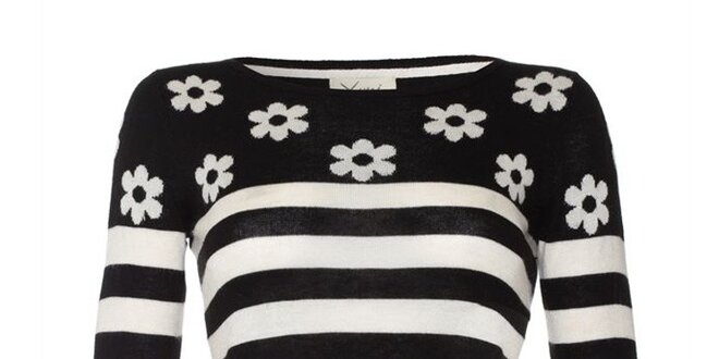 Dámsky čierno pruhovaný sveter s kvetinkami Yumi