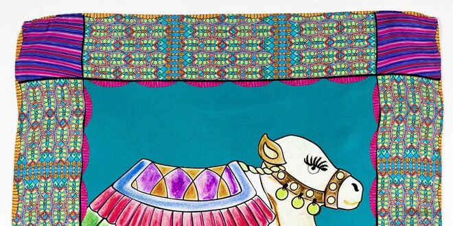 Dámska tyrkysovo-fialová hodvábna šatka Braccialini s ťavami