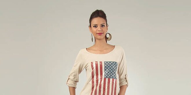 Dámske béžové tričko Lilly´s Mood s americkou vlajkou a flitrami