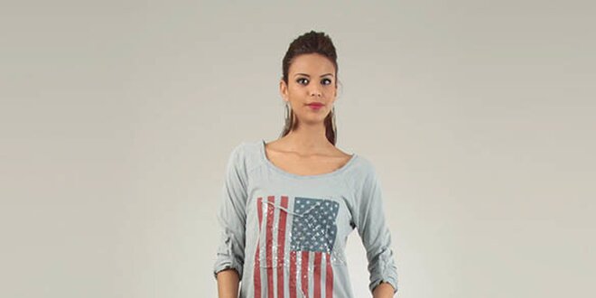 Dámske svetlo šedé tričko Lilly´s Mood s americkou vlajkou a flitrami