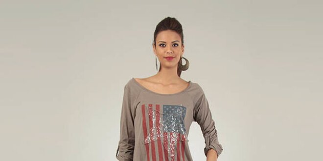 Dámske hnedé tričko Lilly´s Mood s americkou vlajkou a flitrami