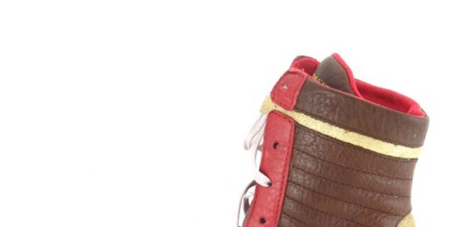 Dámske kožené hnedo-červeno-zlaté vysoké šnurovacie topánky Diesel