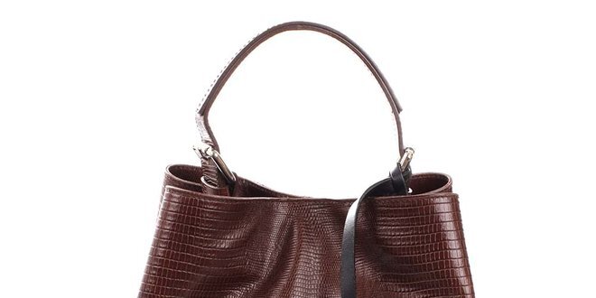 Dámska tmavo hnedá kožená kabelka s jemným vzorom Puntotres