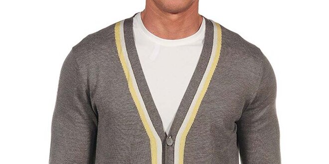 Pánsky šedý zapínací sveter s bielym a žltým pruhom Calvin Klein