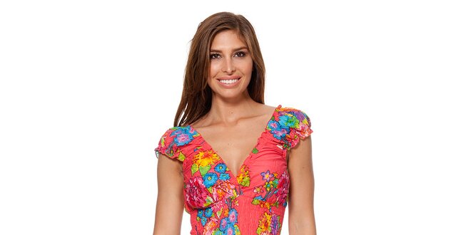Dámske korálové šaty s kvetinovou potlačou Kool