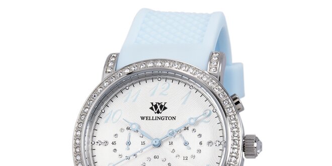 Dámske hodinky s kryštáľmi a svetlo modrým remienkom Wellington