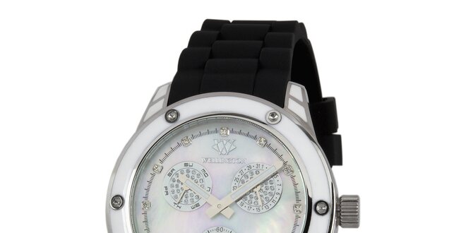 Dámske strieborné hodinky s čiernym silikónovým remienkom Wellington