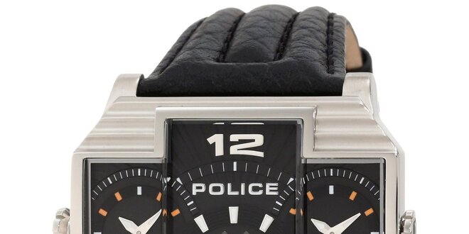 Pánske svetlé ocelové hodinky s koženým čiernym remienkom Police