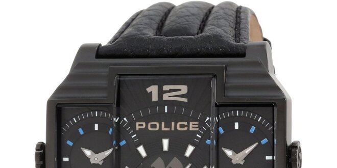 Pánske čierne ocelové hodinky s koženým čiernym remienkom Police