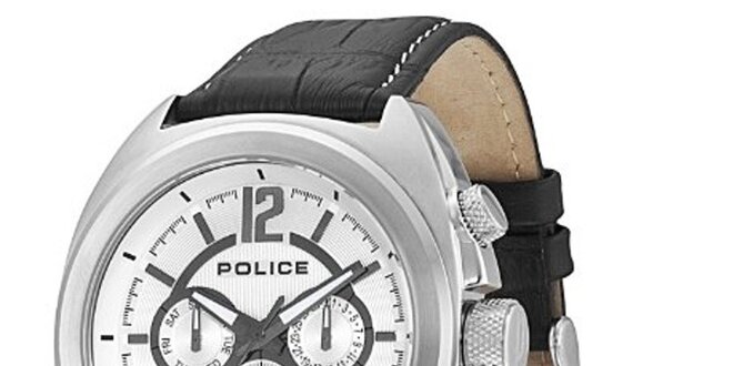 Pánske hodinky s koženým čiernym remienkom Police