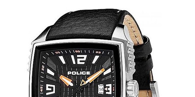 Pánske čierne hodinky s koženým remienkom Police