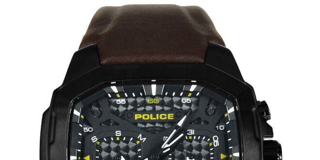 Pánske čierno-hnedé ocelové hodinky s koženým remienkom Police