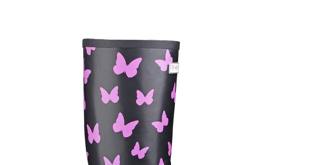 Dámske čierne čižmy Splash by Wedge Welly s ružovými motýlmi