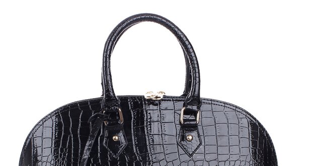 Dámska oblá lesklá čierna hadia kabelka s odnímateľným popruhom London Fashion