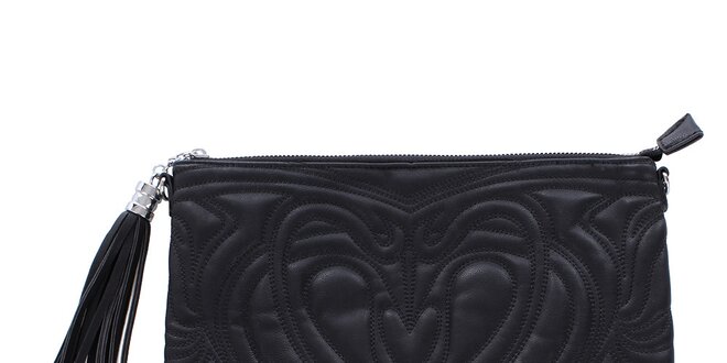Dámska čierna reliéfna listová kabelka so strapcom London Fashion