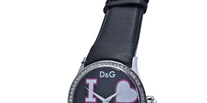 Dámske oceľové hodinky Dolce & Gabbana s kamienkami a čiernym koženým remienkom