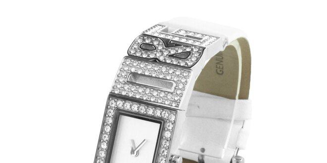 Dámske oceľové hodinky Dolce & Gabbana s kamienkami a bielym koženým remienkom