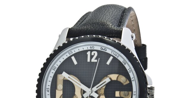 Pánske čierne oceľové hodinky Dolce & Gabbana s koženým remienkom