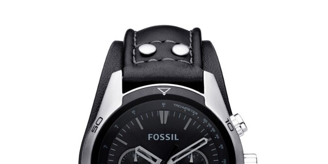 Pánske oceľové hodinky s čiernym koženým remienkom Fossil