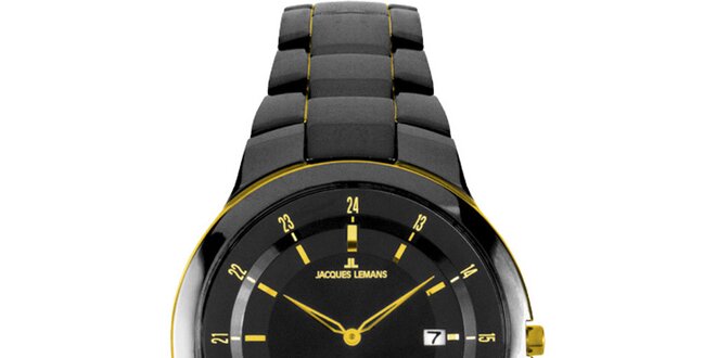 Dámske čierne okrúhle hodinky z ocele a žltými detailmi Jacques Lemans