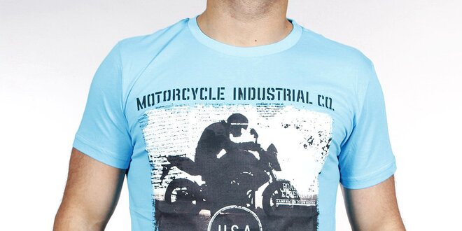 Pánske svetlo modré tričko s potlačou motorky Pontto