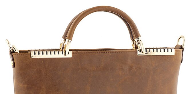Dámska hnedá kožená kabelka s kovovými detailmi Tina Panicucci