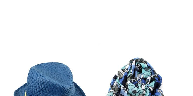 Dámsky set - modrá kvetovaná šatka a slamený klobúk Invuu London