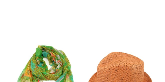 Dámsky set - zelená šatka so vzorom a oranžový slamený klobúk Invuu London