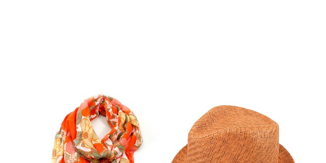 Dámsky set - farebne vzorovaná šatka a oranžový slamený klobúk Invuu London