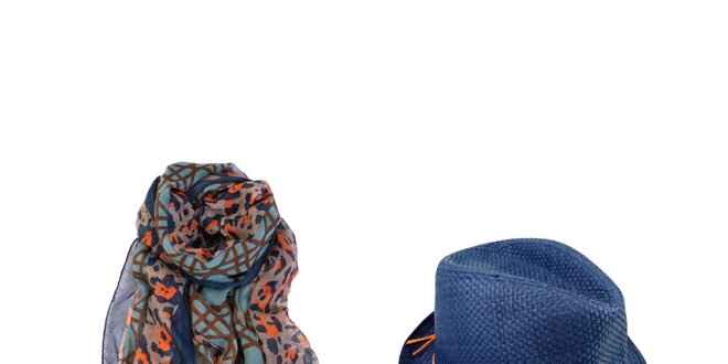Dámsky set - farebná šatka a modrý slamený klobúk Invuu London
