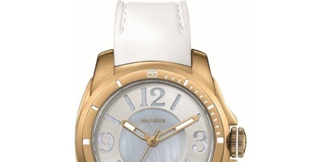 Dámske pozlátené oceľové hodinky s bielym silikónovým remienkom Tommy Hilfiger