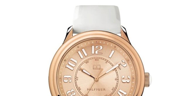 Dámske ružovo zlaté oceľové hodinky s bielym remienkom Tommy Hilfiger