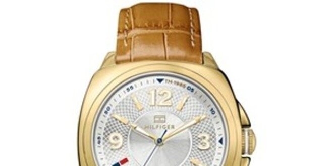 Dámske pozlátené oceľové hodinky s hnedým koženým remienkom Tommy Hilfiger