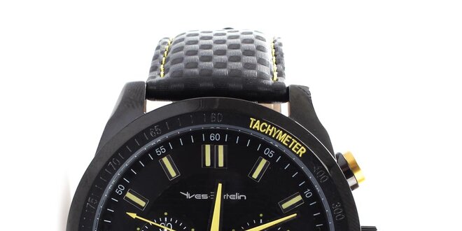 Pánske čierne hodinky s koženým remienkom Yves Bertelin
