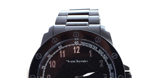 Pánske čierne hodinky so zdobenou lunetou Yves Bertelin