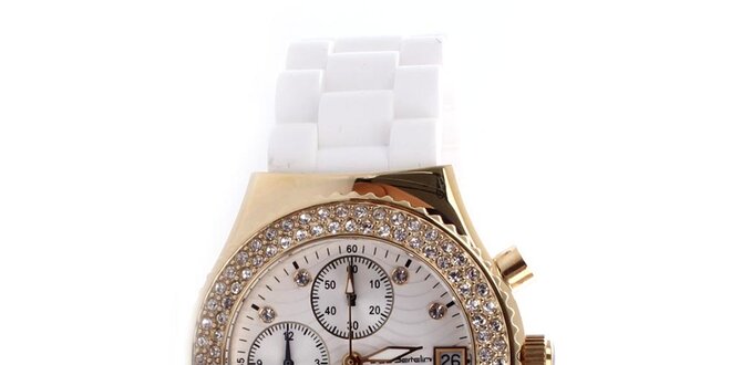Dámske strieborné hodinky s bielym remienkom Yves Bertelin