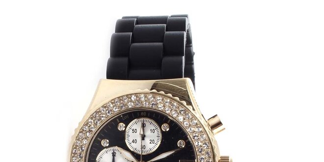 Dámske zlaté hodinky s čiernym remienkom Yves Bertelin