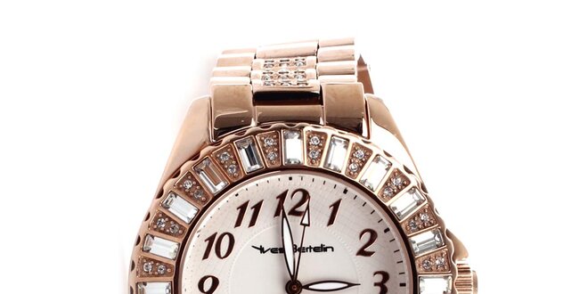 Dámske hodinky s efektom ružového zlata zdobené kamienkami Yves Bertelin
