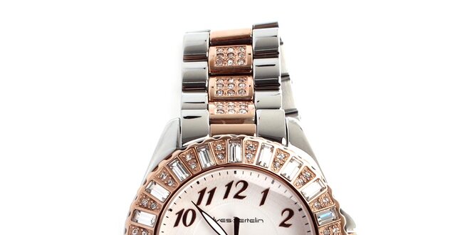 Dámske strieborno-zlaté hodinky s kamienkami Yves Bertelin