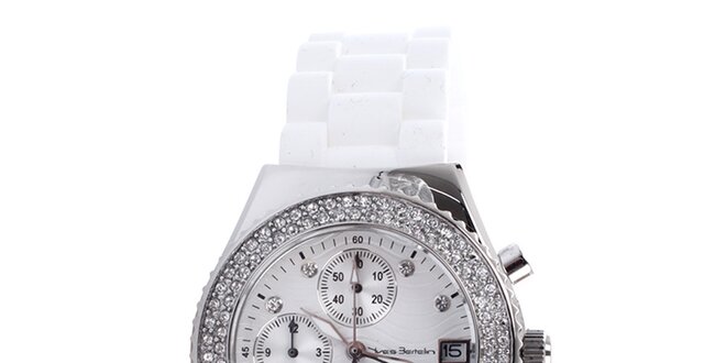 Dámske biele hodinky s bielymi kamienkami Yves Bertelin